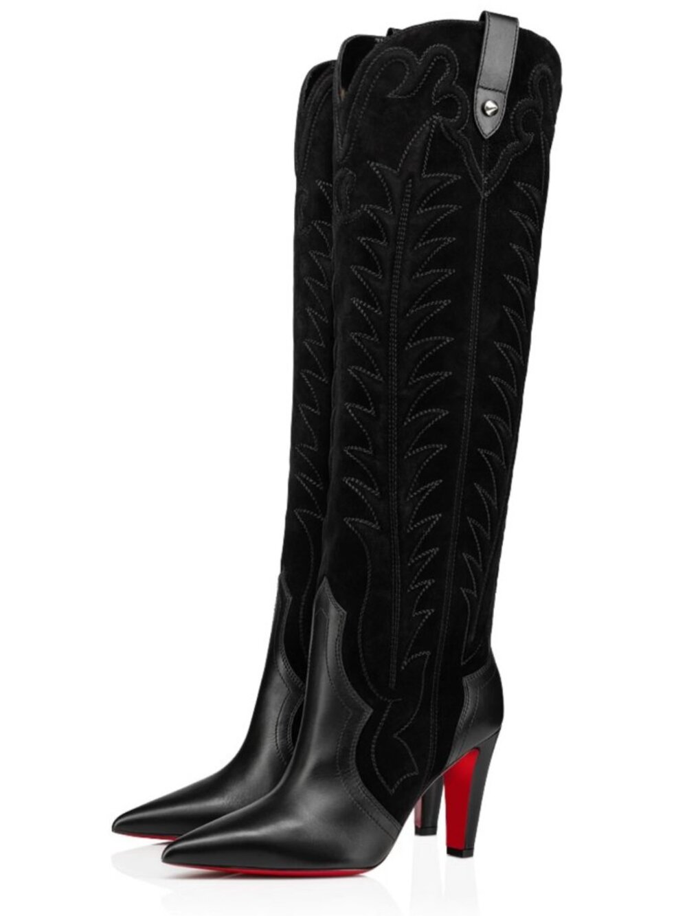 Christian Louboutin 85MM Black Suede Leather Santia Bootie Western Cowboy Boot